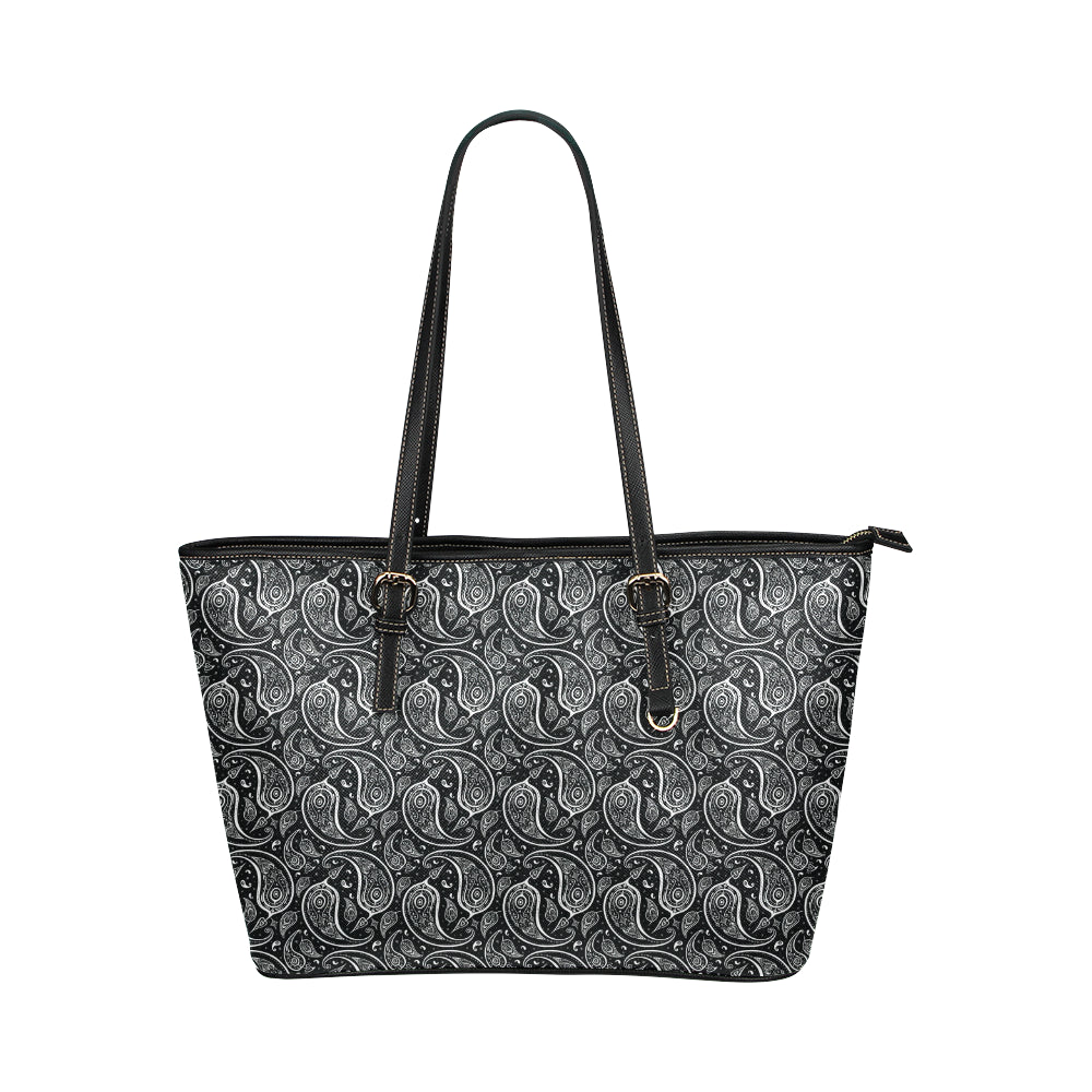 Paisley Black Design Print Leather Tote Bag
