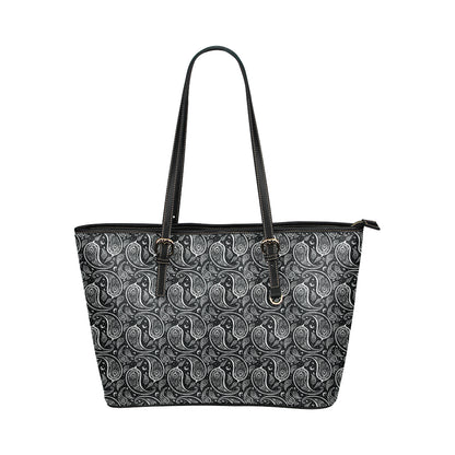 Paisley Black Design Print Leather Tote Bag