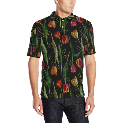Tulip Embroidered Pattern Print Design TP01 Men Polo Shirt
