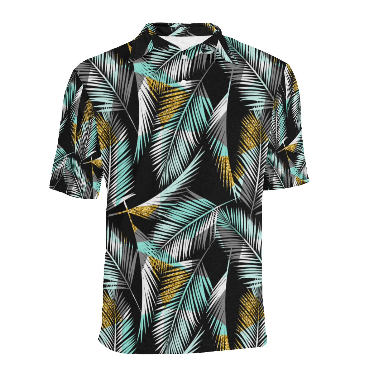 Gold Glitter Cyan Tropical Palm Leaves Men Polo Shirt