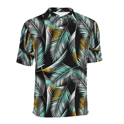 Gold Glitter Cyan Tropical Palm Leaves Men Polo Shirt