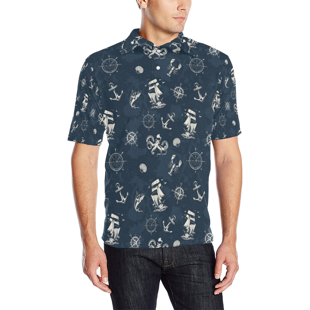 Nautical Sea Themed Print Men Polo Shirt