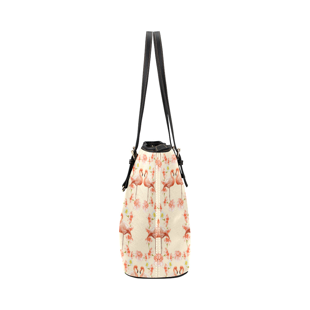 Flamingo Hibiscus Print Pattern Leather Tote Bag