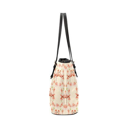 Flamingo Hibiscus Print Pattern Leather Tote Bag