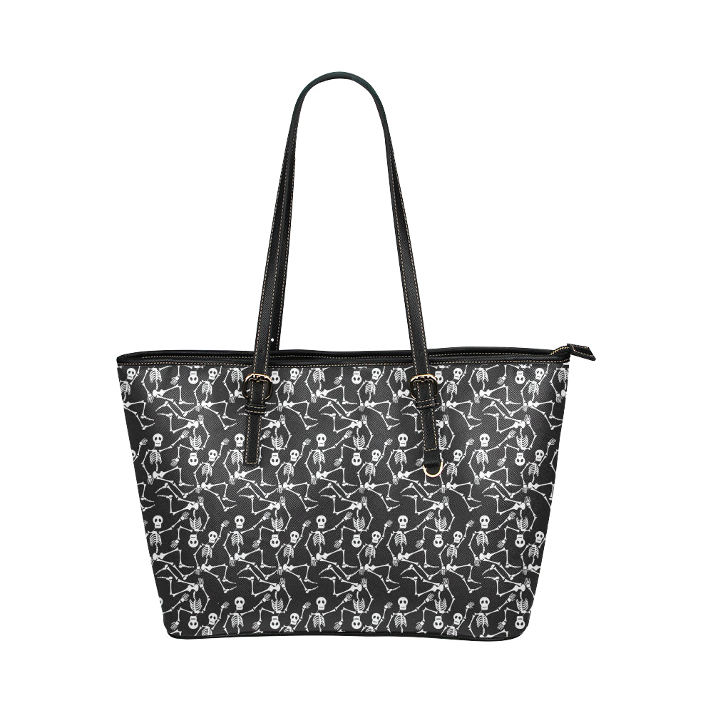 Skeleton Themed Print Leather Tote Bag