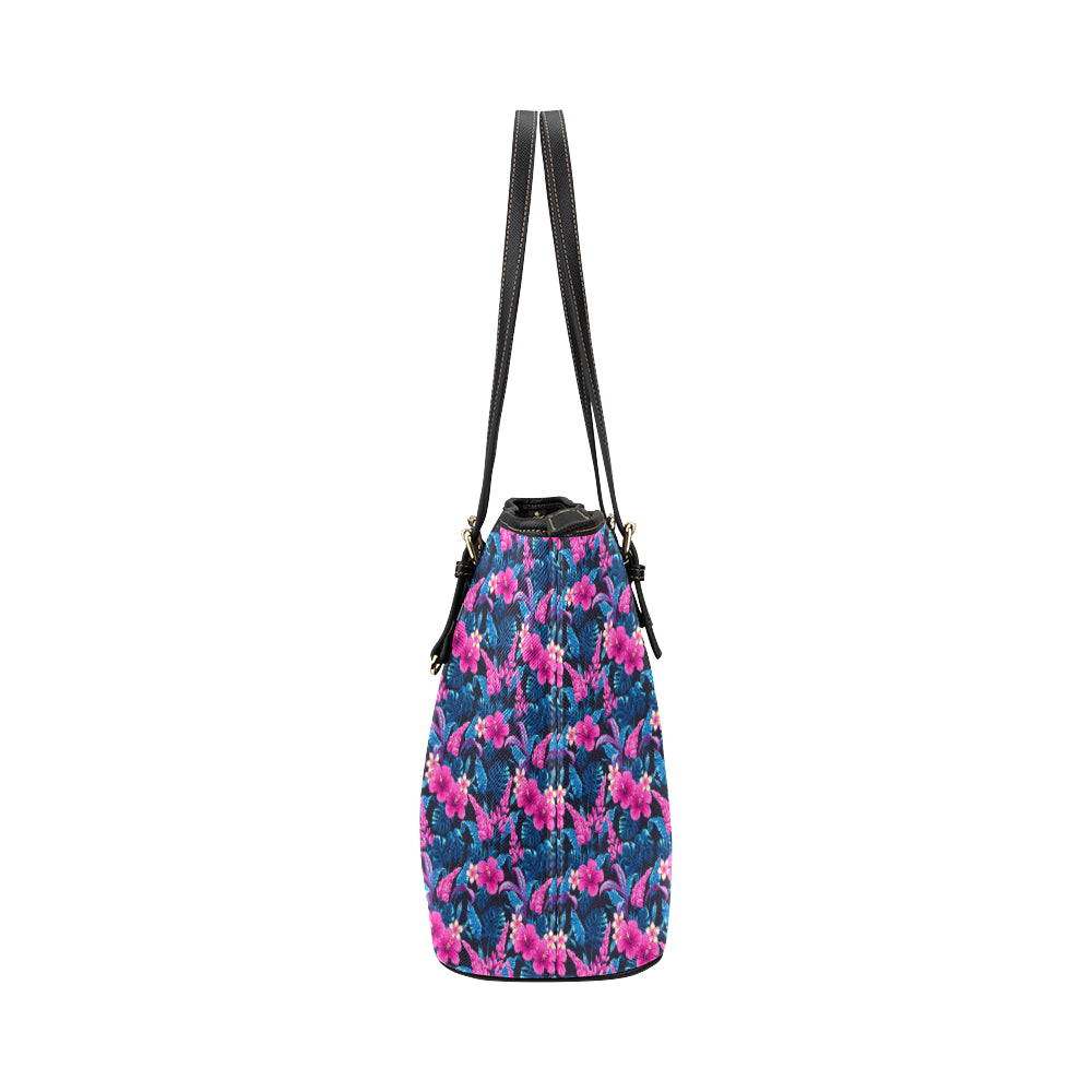 Tropical Folower Pink Themed Print Leather Tote Bag