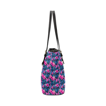 Tropical Folower Pink Themed Print Leather Tote Bag