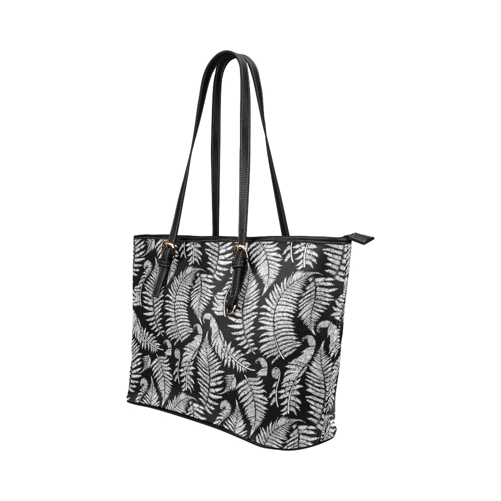 Fern Leave Black White Print Pattern Leather Tote Bag