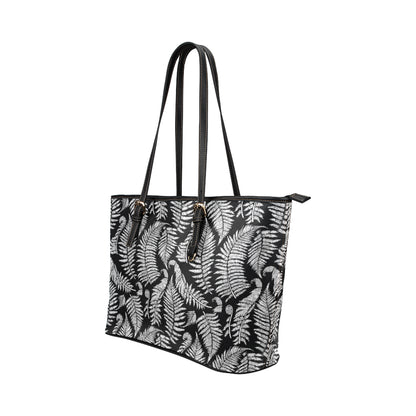 Fern Leave Black White Print Pattern Leather Tote Bag