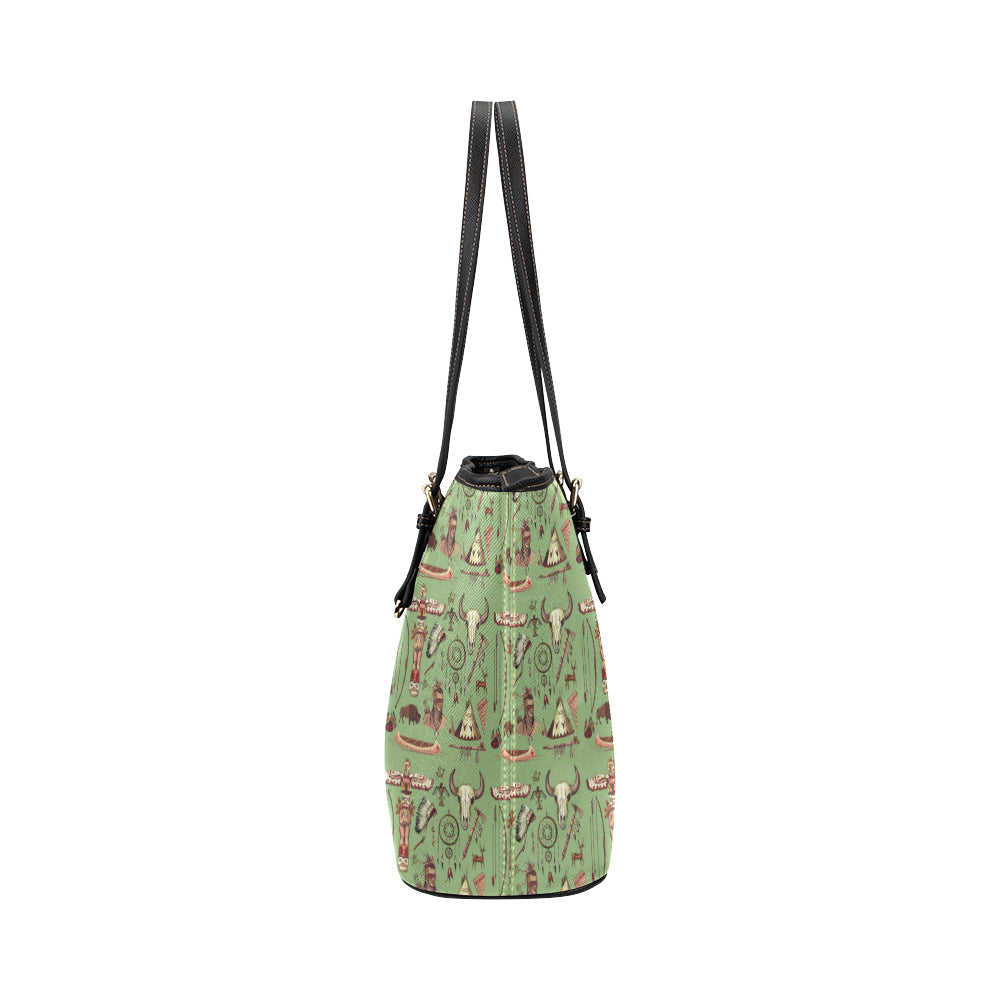 Native Indian Themed Design Print Leather Tote Bag