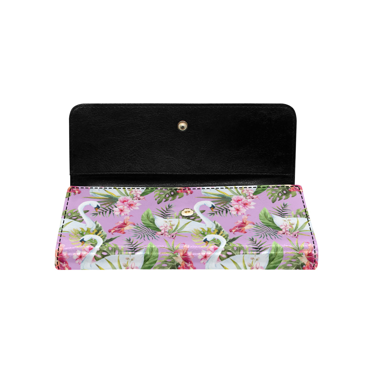 Swan with Flower Pattern Print Design 01 Women's Trifold Wallet