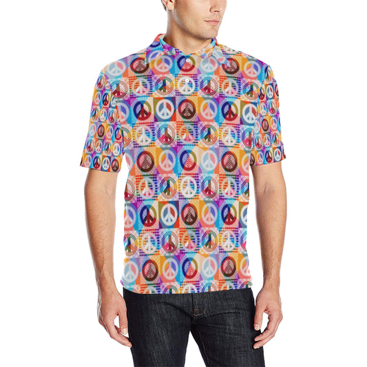Peace Sign Patchwork Design Print Men Polo Shirt