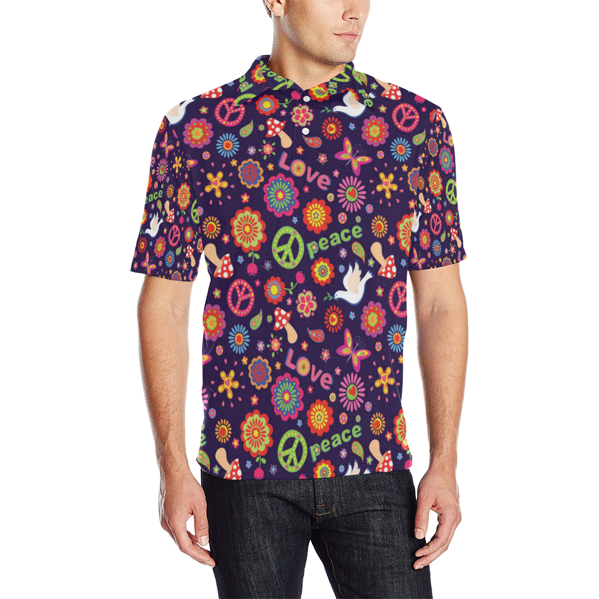 Flower Power Peace Design Print Men Polo Shirt
