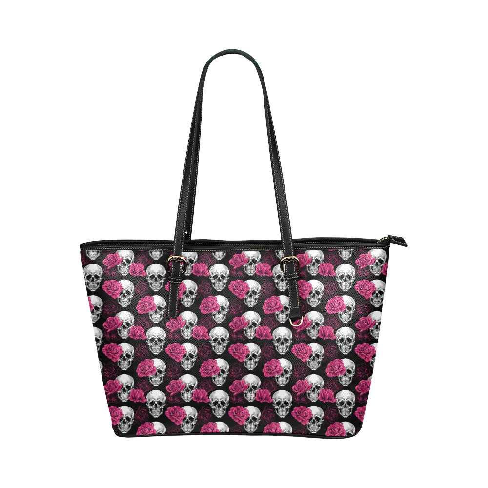 Pink Rose Skull Themed Print Leather Tote Bag