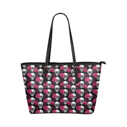Pink Rose Skull Themed Print Leather Tote Bag