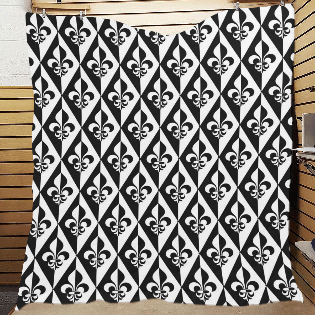 Fleur De Lis Black White Pattern Print Design 02 Premium Quilt