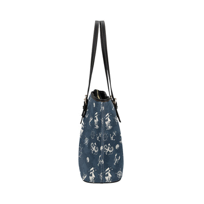 Nautical Sea Themed Print Leather Tote Bag