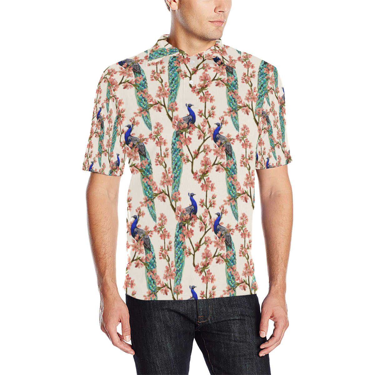 Cherry Blossom Peacock Men Polo Shirt