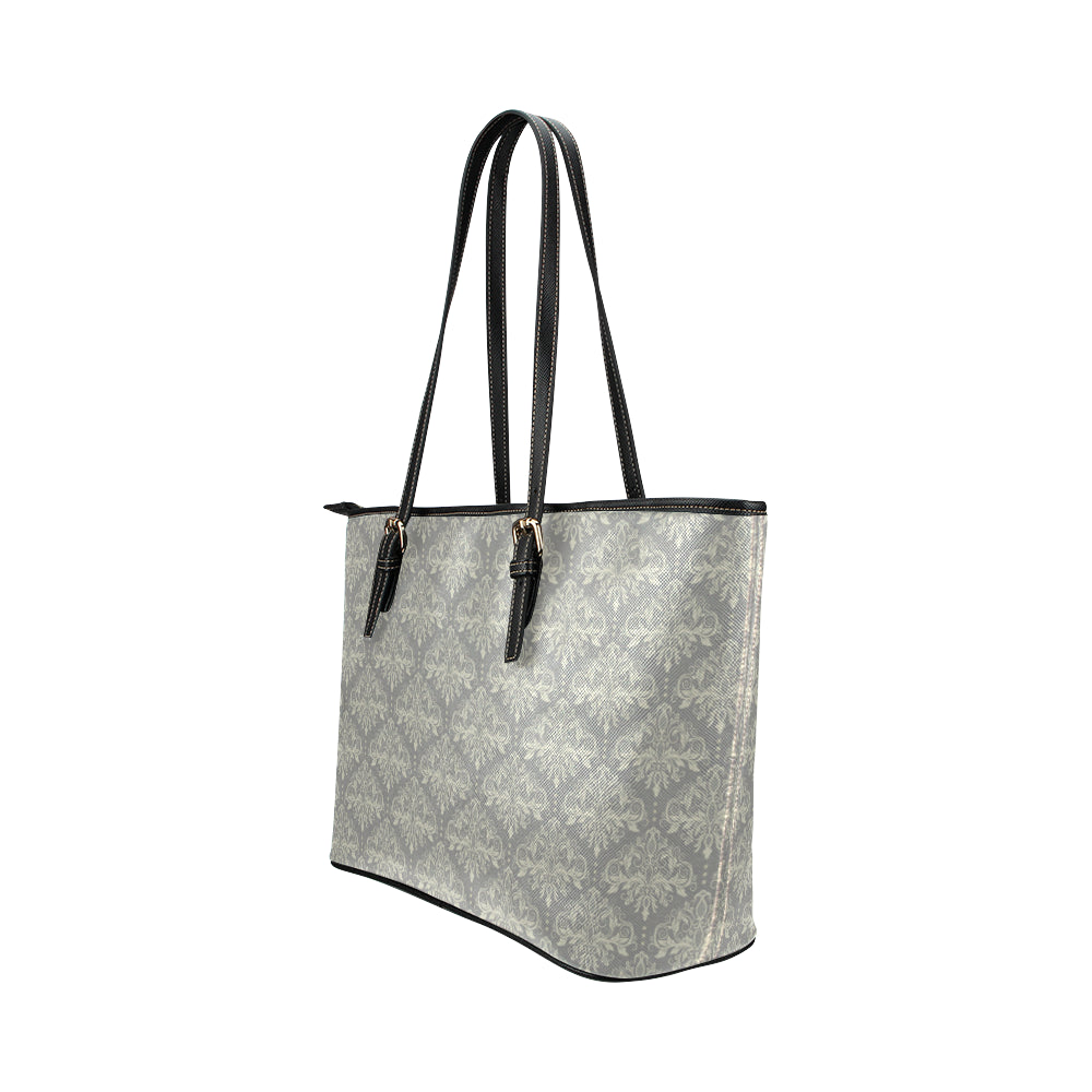 Damask Grey Elegant Print Pattern Leather Tote Bag