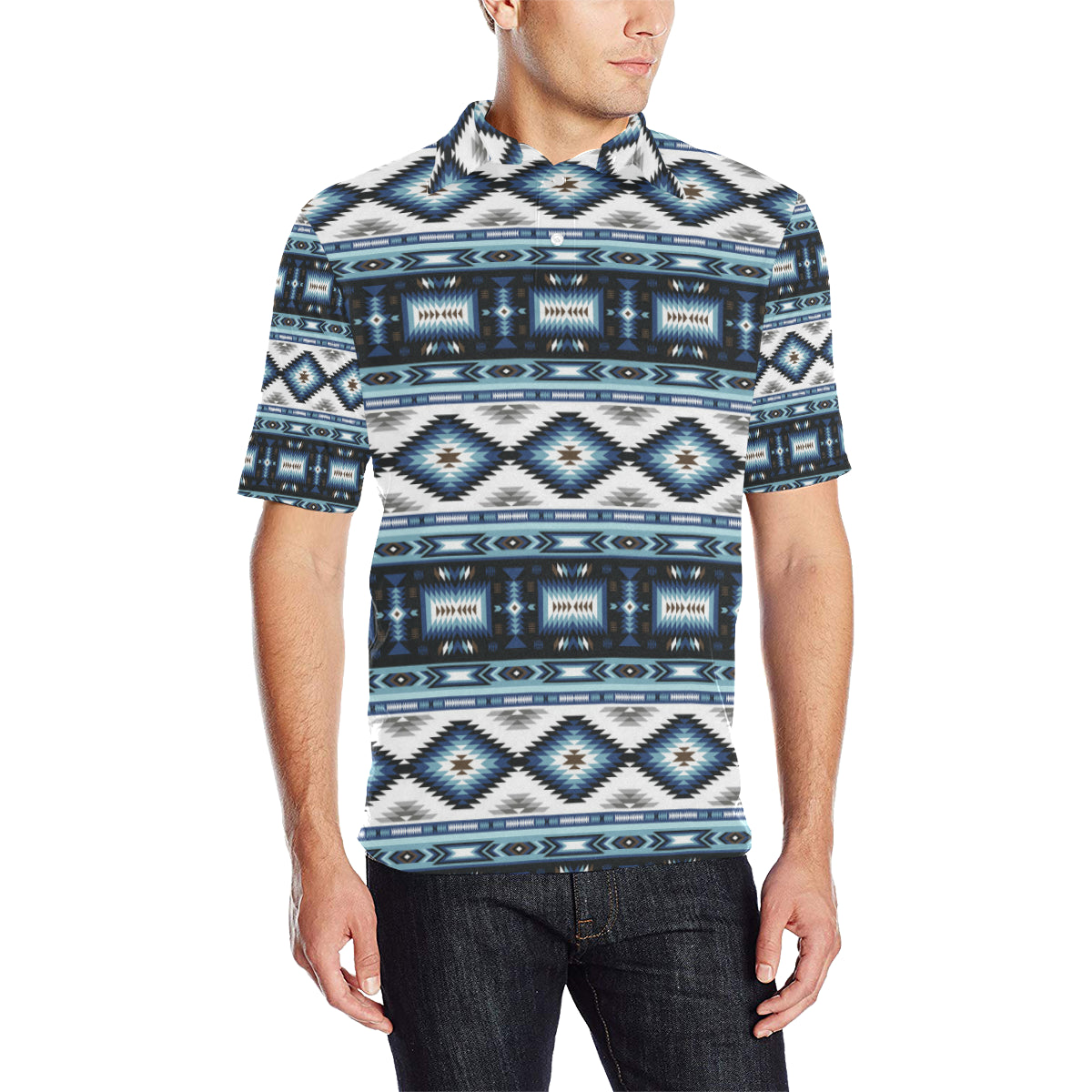 Navajo Dark Blue Print Pattern Men Polo Shirt