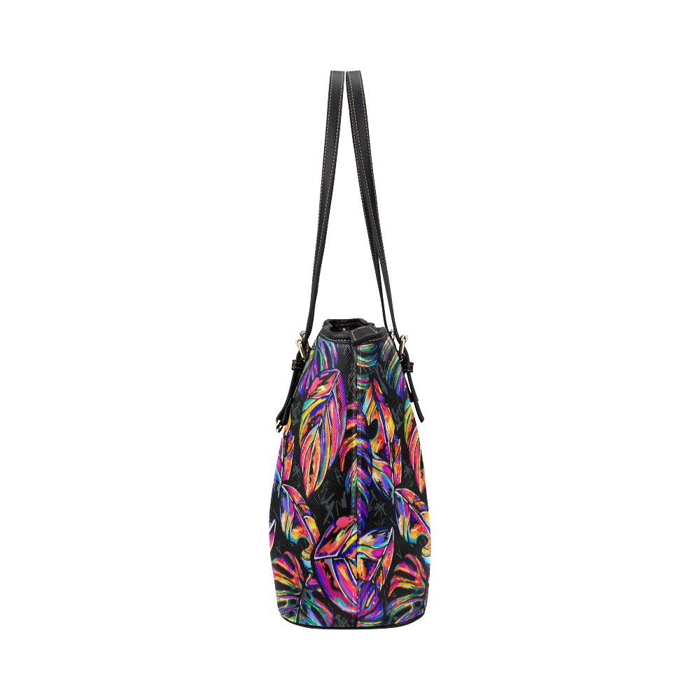 Neon Color Tropical Palm Leaves Leather Tote Bag