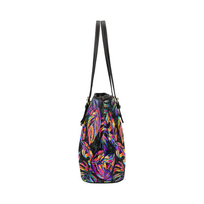 Neon Color Tropical Palm Leaves Leather Tote Bag