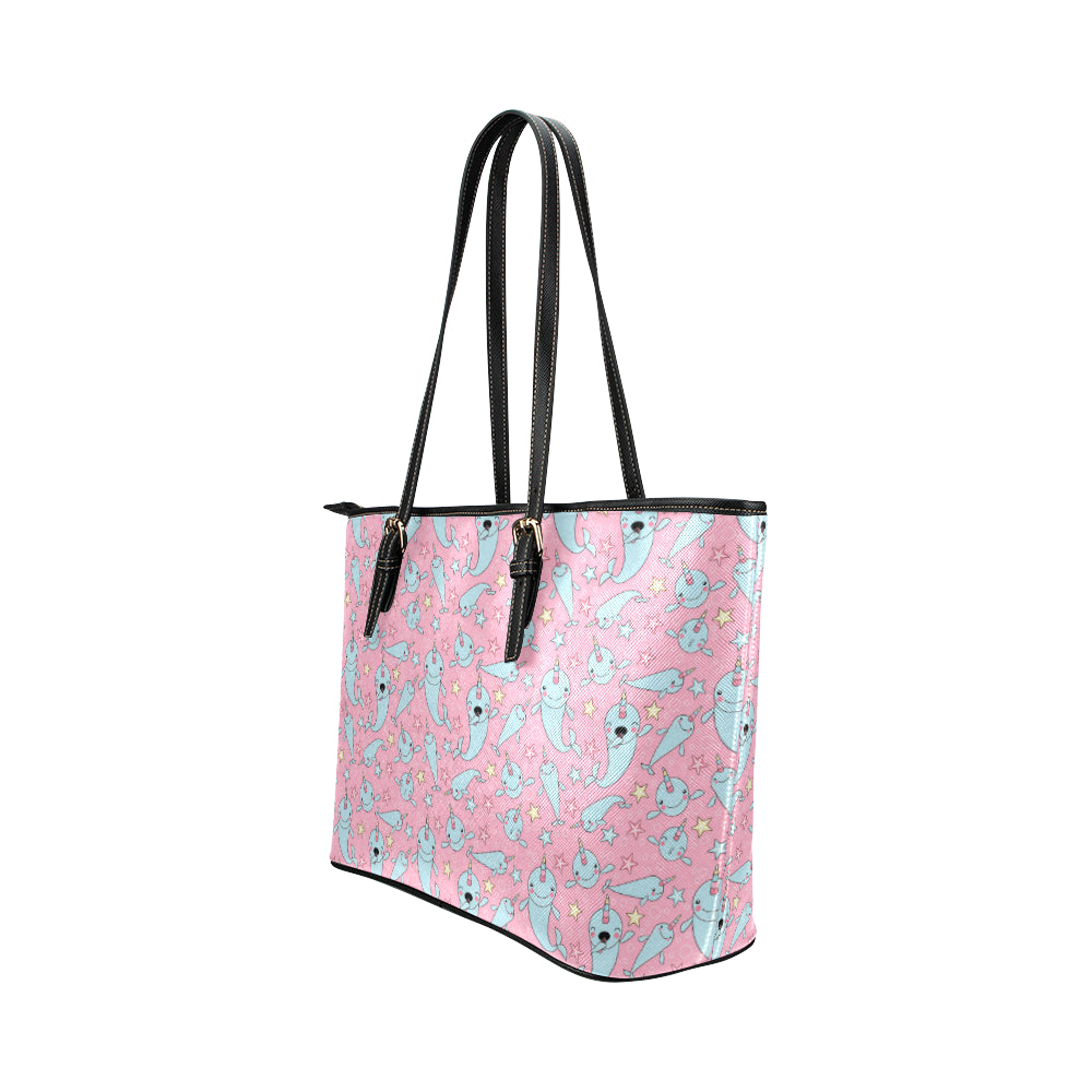 Narwhal Cartoon Cute Print Leather Tote Bag