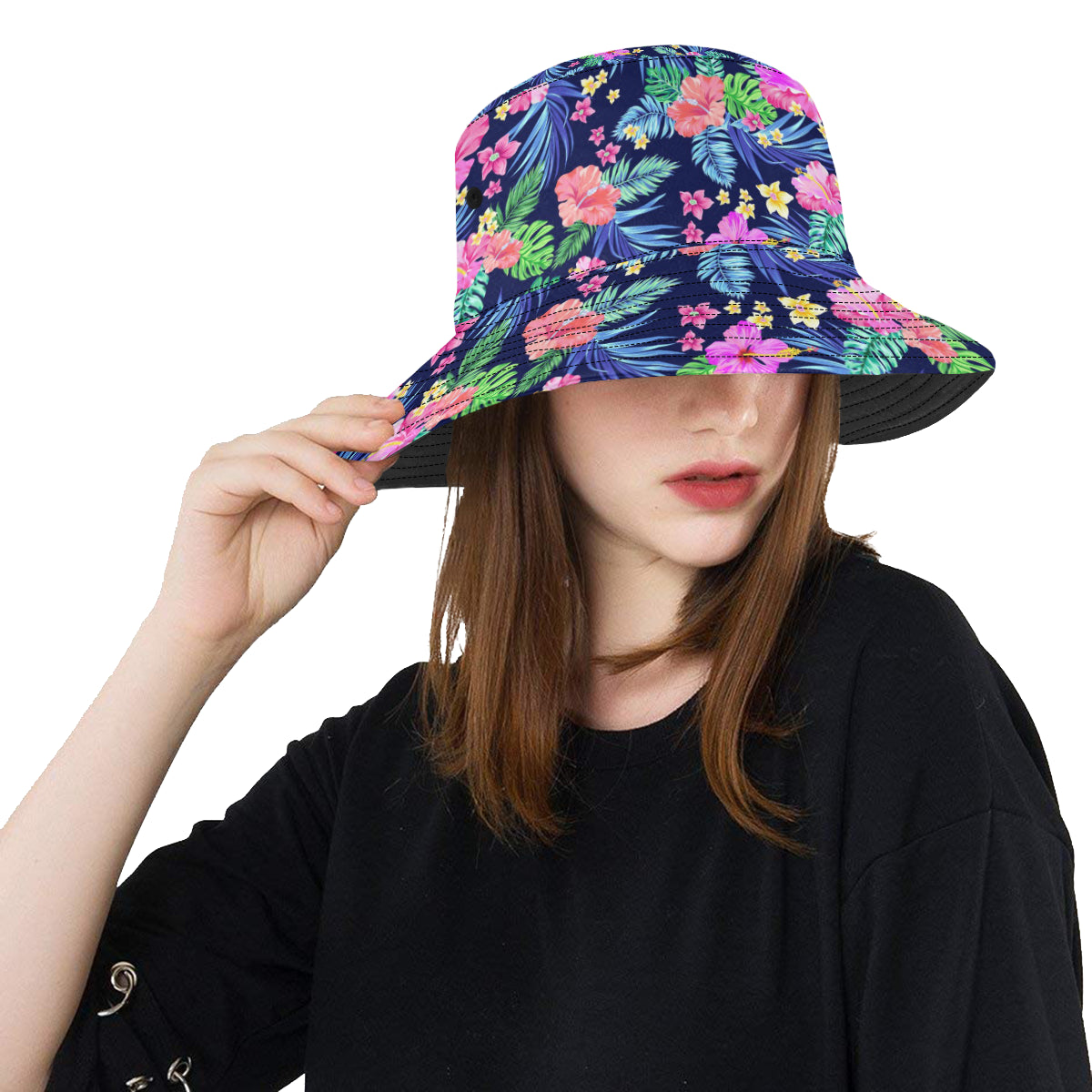 Neon Hibiscus Pattern Print Design HB016 Unisex Bucket Hat