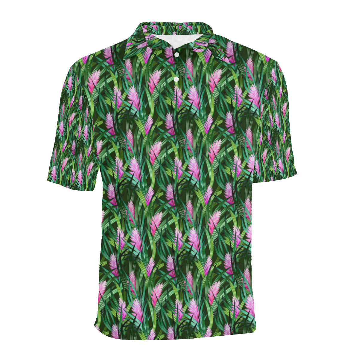 Tropical Folower Pink Heliconia Print Men Polo Shirt