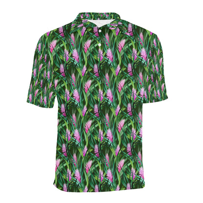 Tropical Folower Pink Heliconia Print Men Polo Shirt