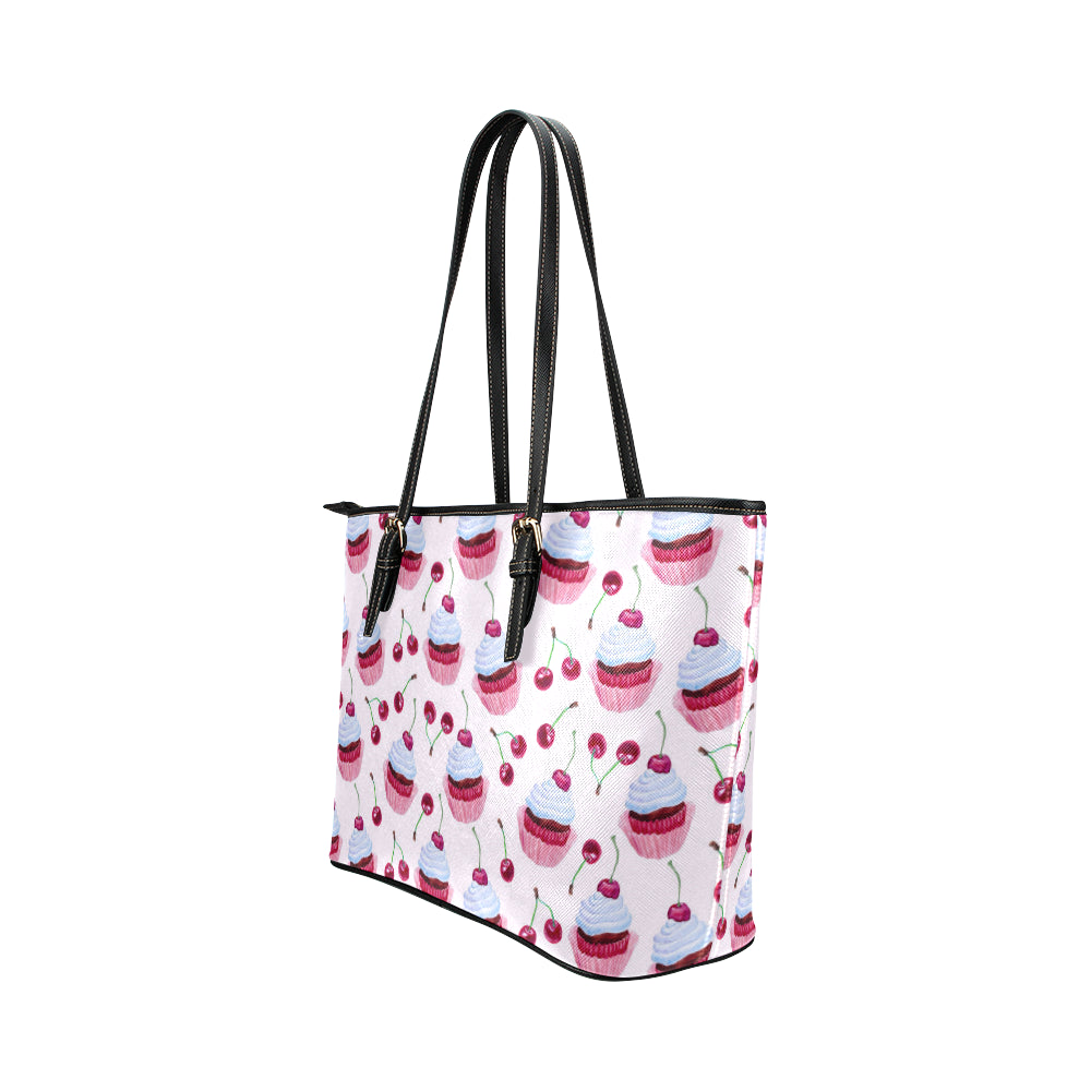 Cherry Cupcake Pink Pattern Leather Tote Bag