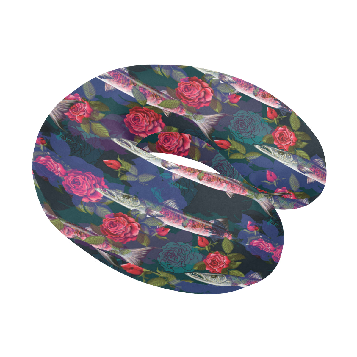 Barracuda with Folwer Pattern Print Design 01 U-Shaped Travel Neck Pillow