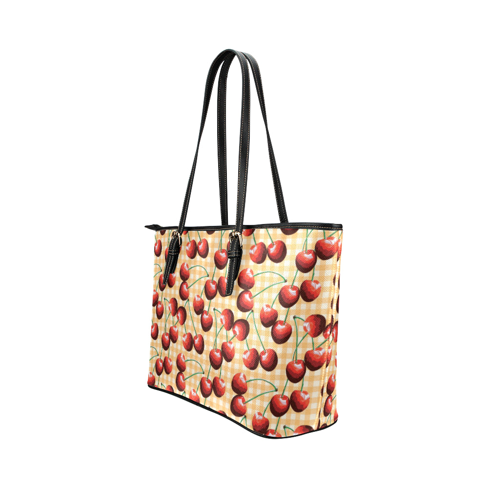 Cherry Orange Plaid Print Leather Tote Bag