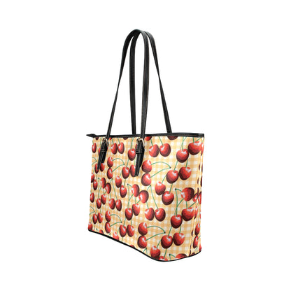 Cherry Orange Plaid Print Leather Tote Bag