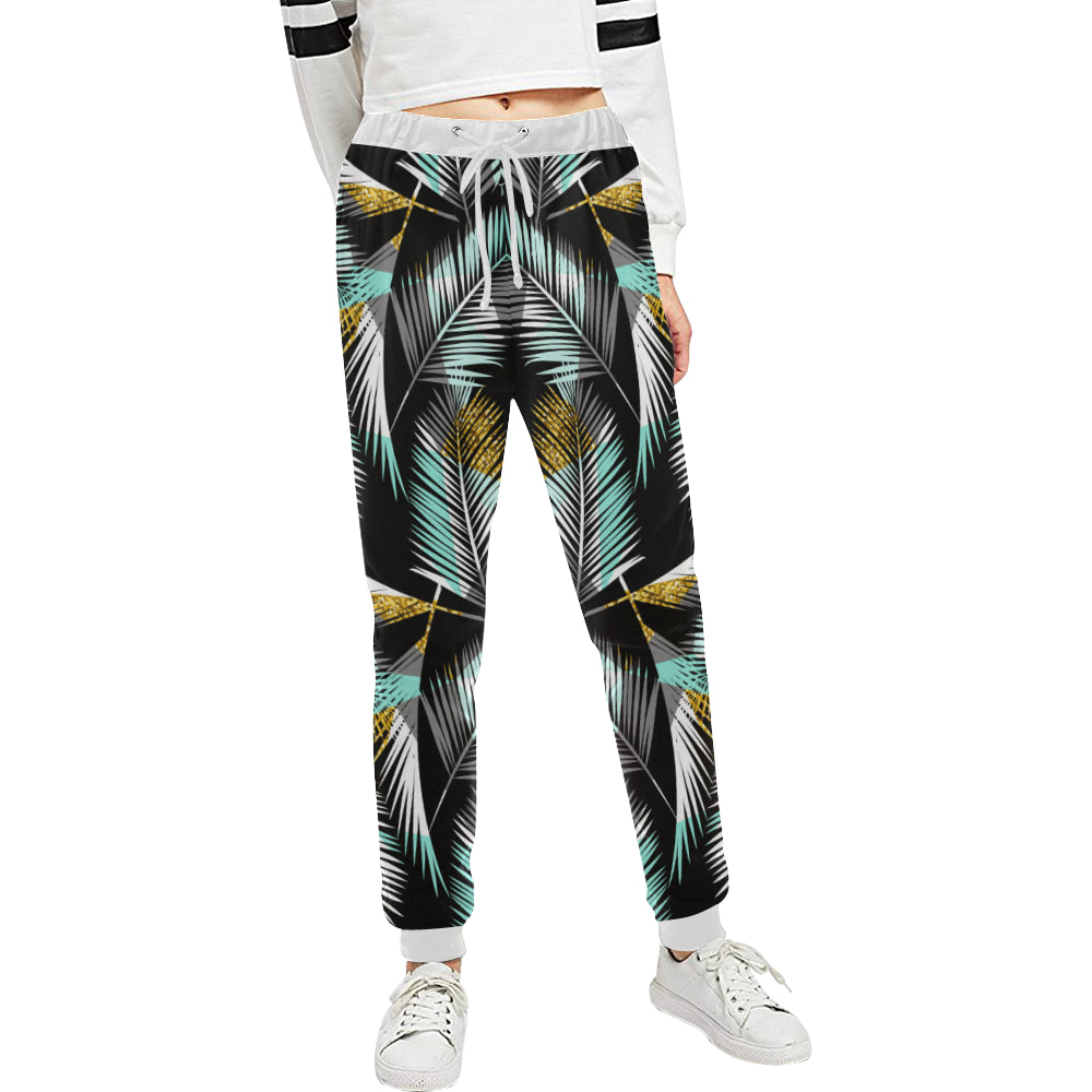 Gold Glitter Cyan Tropical Palm Leaves Unisex Sweatpants
