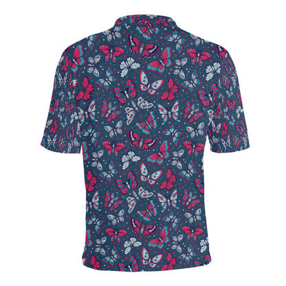 Butterfly Red Deep Blue Print Pattern Men Polo Shirt