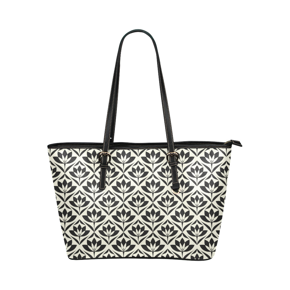 Lotus Pattern Print Leather Tote Bag