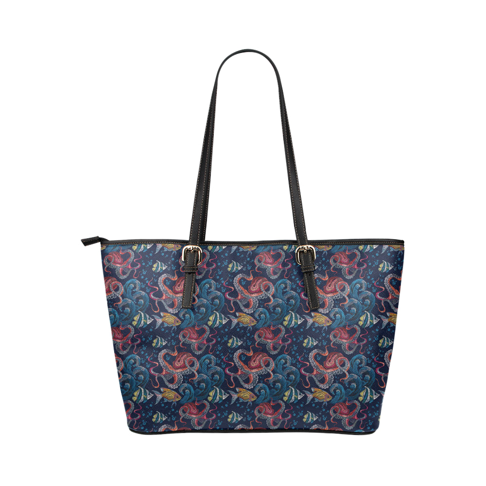 Octopus Deep Sea Print Themed Leather Tote Bag