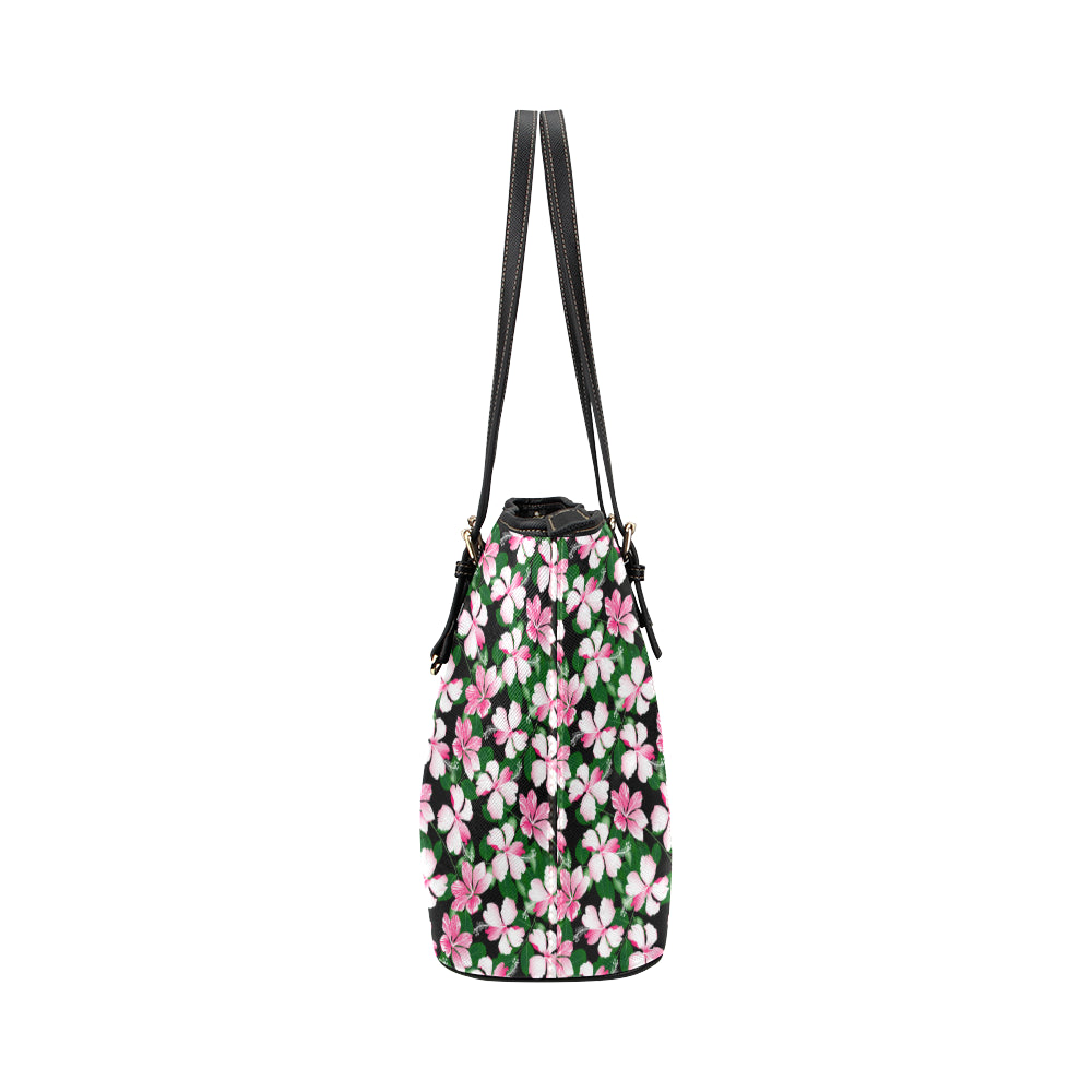 Hibiscus Pink Flower Hawaiian Print Leather Tote Bag