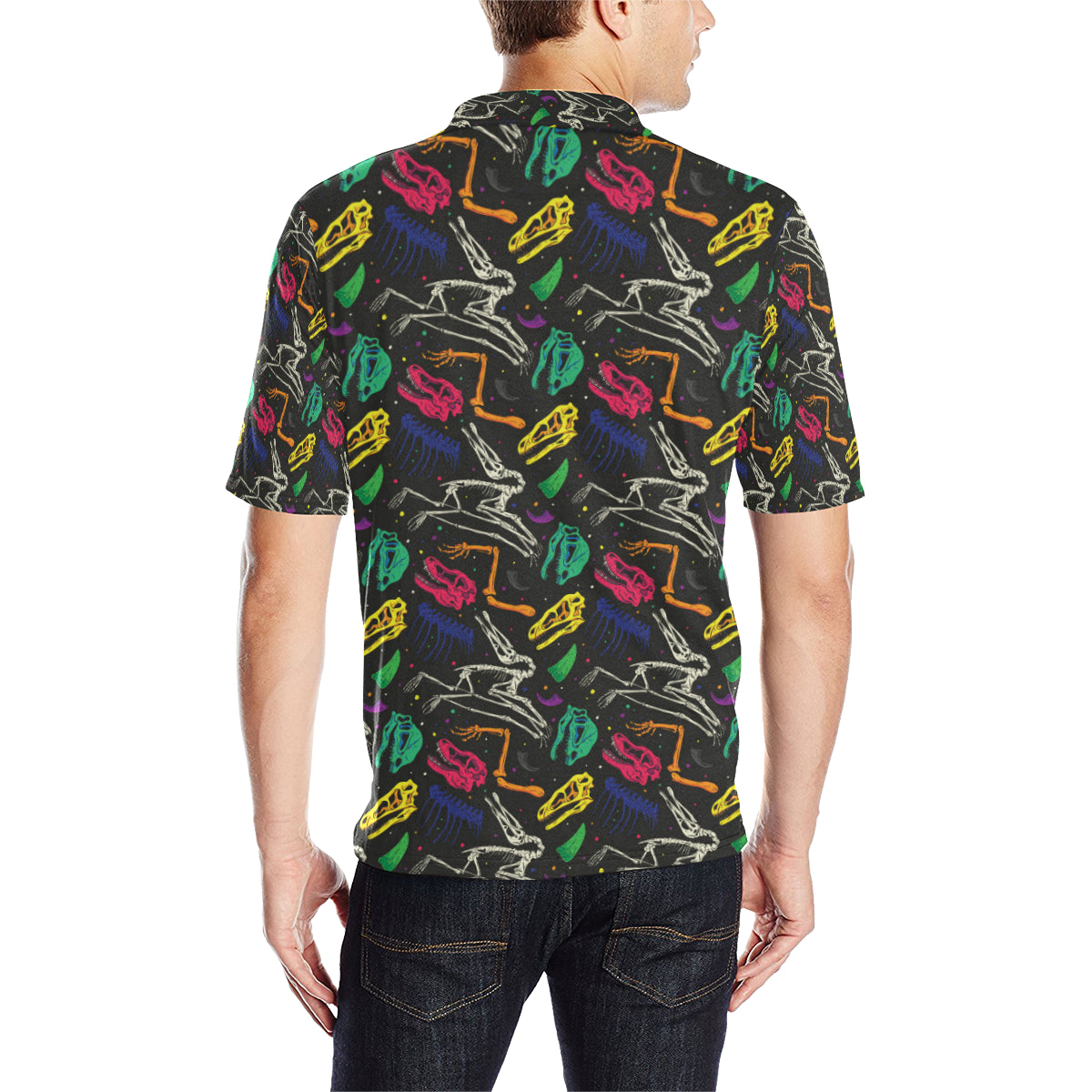 Dinosaur Skull Color Print Pattern Men Polo Shirt
