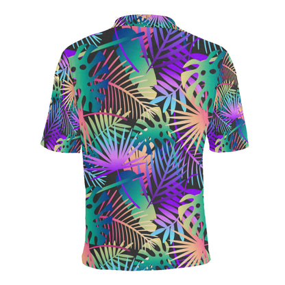Neon Flower Tropical Palm Leaves Men Polo Shirt