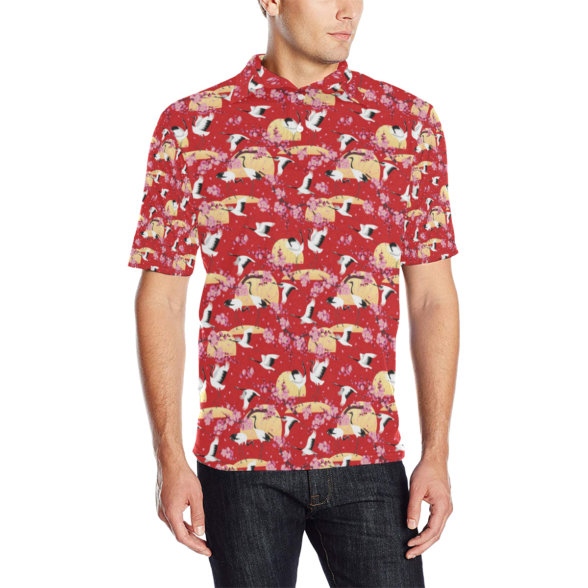Crane Pattern Print Design 04 Men Polo Shirt