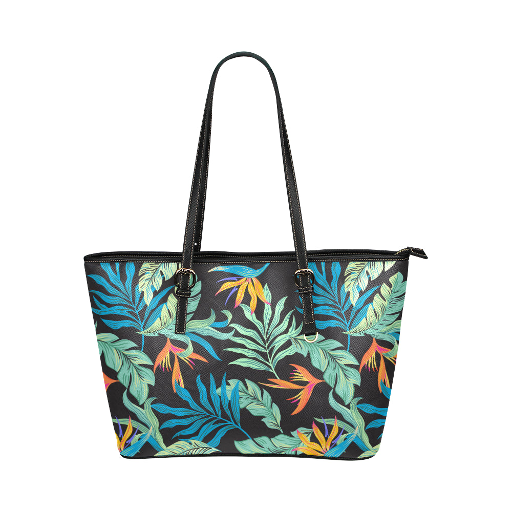 Tropical Palm Leaves Hawaiian Flower Leather Tote Bag