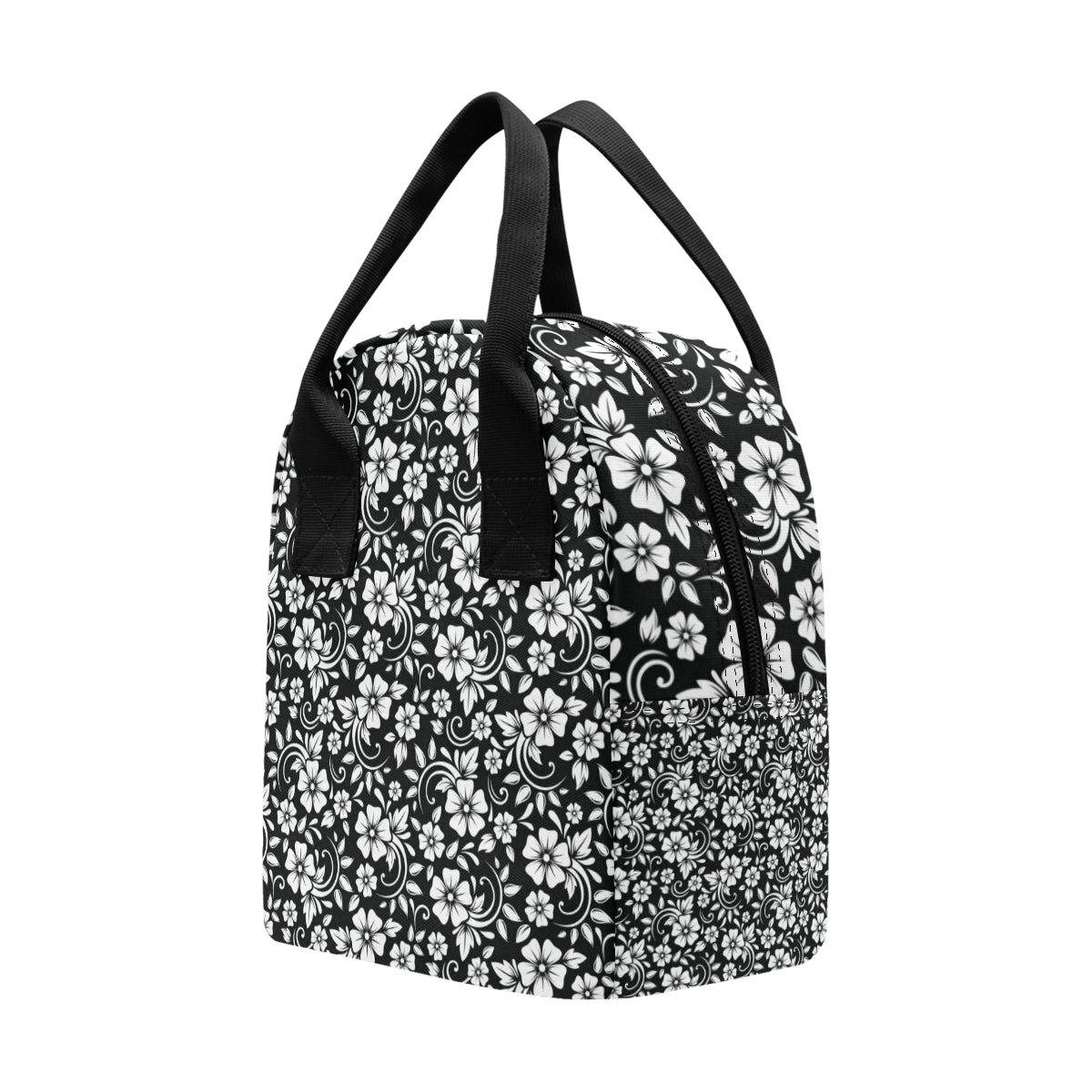 Floral Black White Themed Print Insulated Lunch Bag