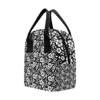 Floral Black White Themed Print Insulated Lunch Bag
