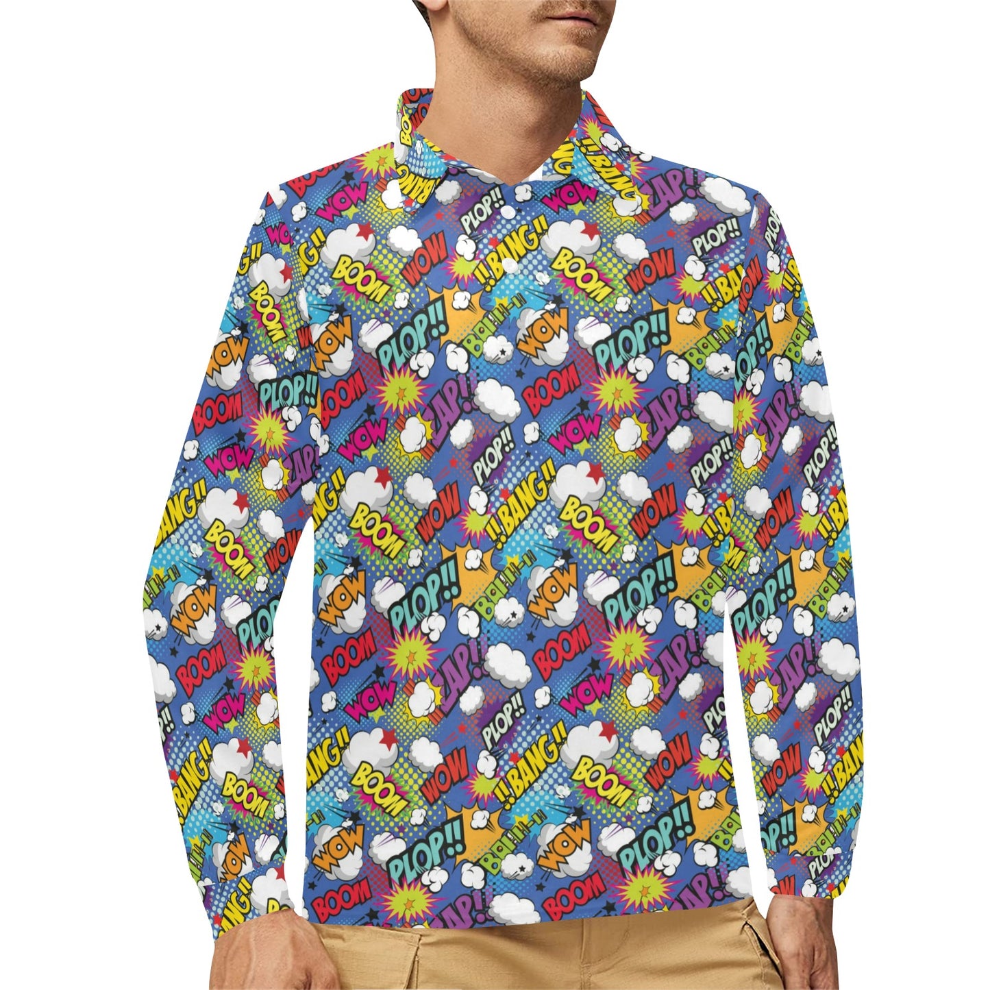 Comic Book Pattern Print Design 02 Long Sleeve Polo Shirt For Men's