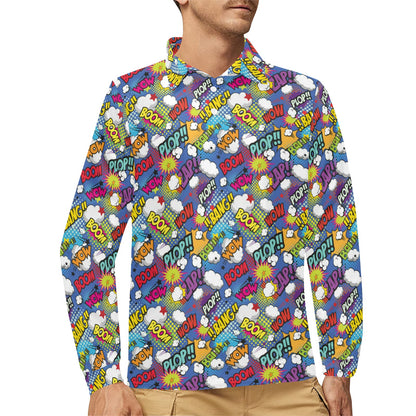 Comic Book Pattern Print Design 02 Long Sleeve Polo Shirt For Men's