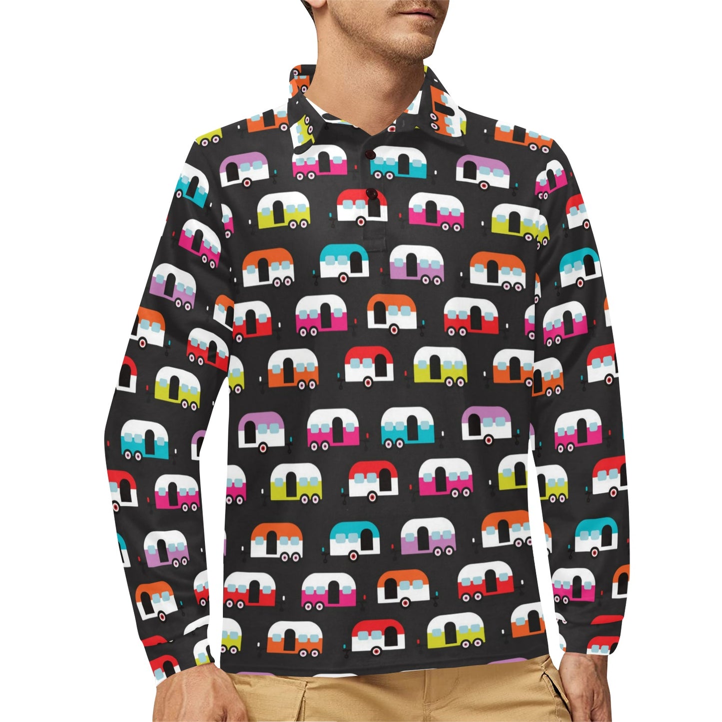 Camper Caravan Pattern Long Sleeve Polo Shirt For Men's