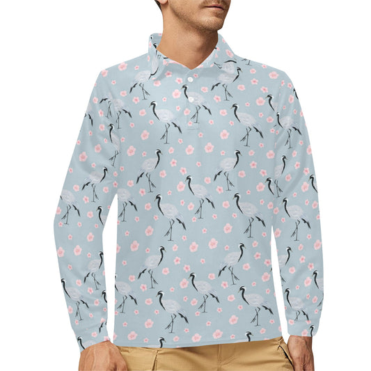 Sakura Bird Print Design LKS304 Long Sleeve Polo Shirt For Men's
