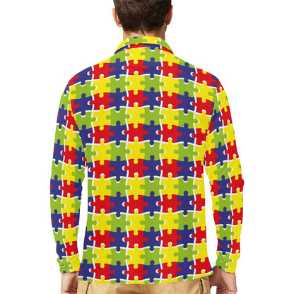 Autism Awareness Pattern Print Design 03 Long Sleeve Polo Shirt For Men's
